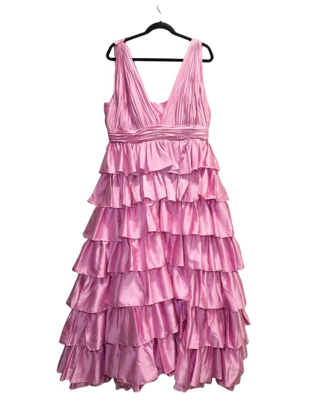 Mac Duggal Size 16 Pink Tiered Ruffle V-Neck Maxi Formal Gown
